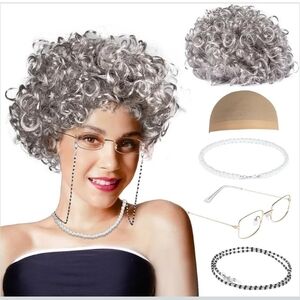 GRANDMA WIG GLASSES NECKLACE HALLOWEEN COSTUME - NEW - OLD LADY OUTFIT